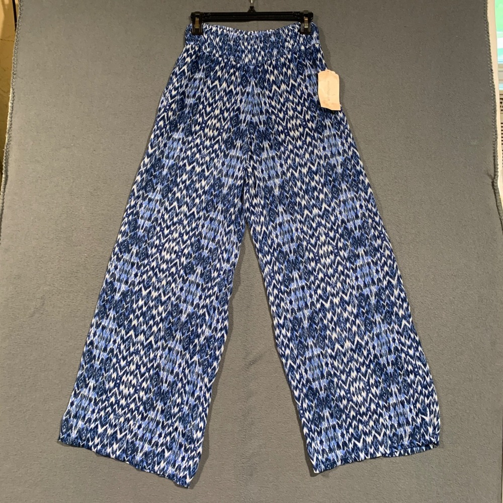 Soulmates Wide Leg Pants Womens Small Blue Geometric Ikat Smocked Boho Palazzo